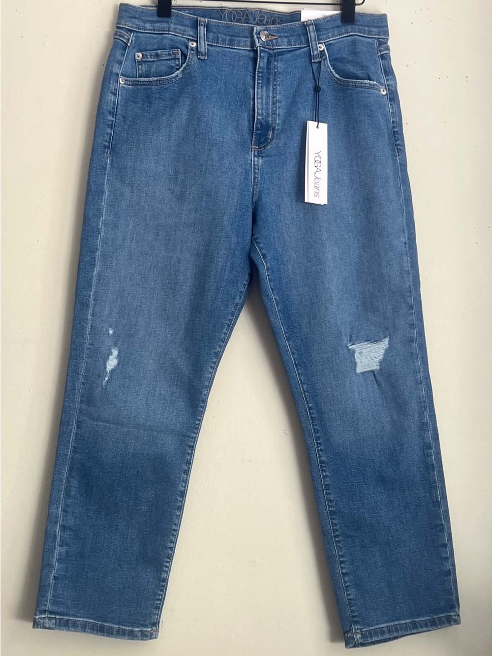 Mid Blue Straight-Leg Jeans with Subtle Distress - Women